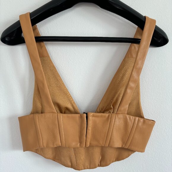 Zara Top Womens Medium Camel Cropped Faux Leather Corset Festival Feminine‎ Edgy - Picture 3 of 6